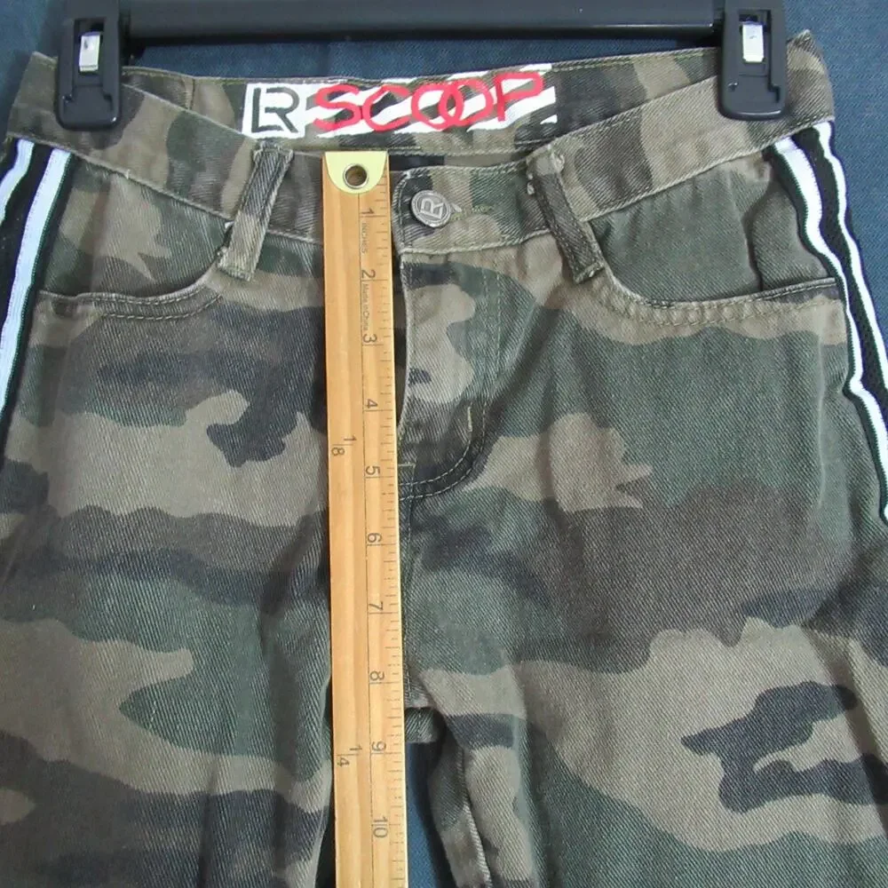 LR Scoop Jeans Boys Size 14 Green Camo Moto Racer Stripe Distressed Skinny Denim